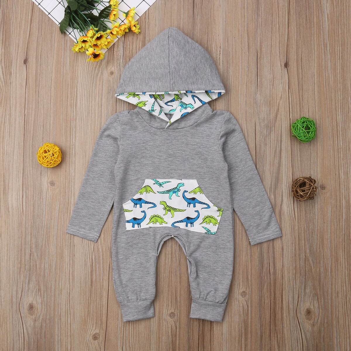 Barboteuse d'automne pour bébés filles 0-24M | Tout , pour bébés garçons et filles, imprimé dinosaure, capuche, manches longues, gris, vêtements chauds,