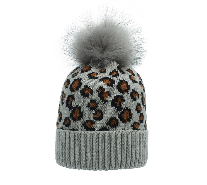 Herfst winter luipaard print wol gebreide muts warme oversized haarbal dikke warme muts pompon: Lichtgrijs