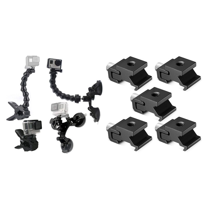 1 Set Zuignap Auto Mount Houder + Jaws Flex Clamp Mount & 5Pcs Camera Koude Schoen Beugel mount Adapter: Default Title