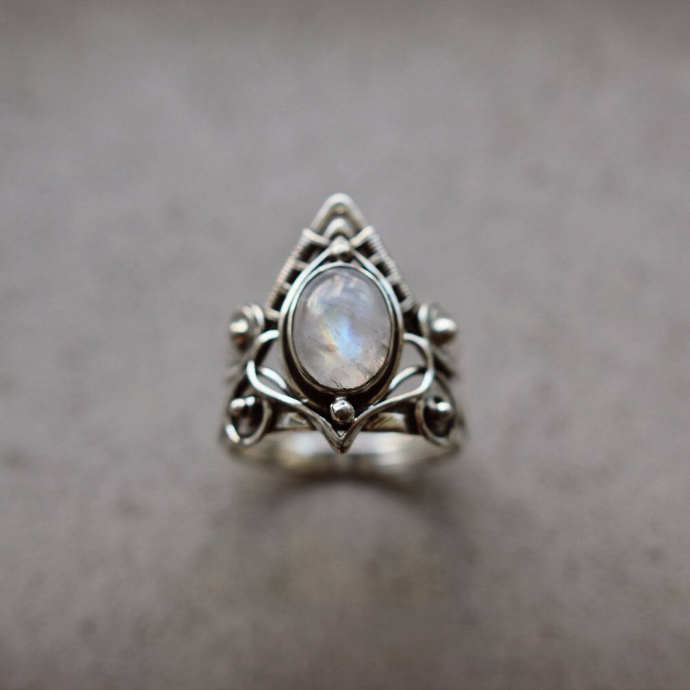 Anillo Punk Vintage para mujer, piedra lunar llena de oro blanco, , boda, joyería de