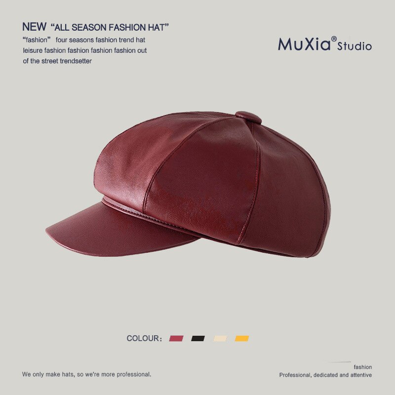 Cuero de la PU de invierno tapa octogonal chicas boina sombreros para las mujeres de Color verde gorras estilo vendedor de periódicos de la mujer de estilo británico boinas gorro para mantenerse: wine