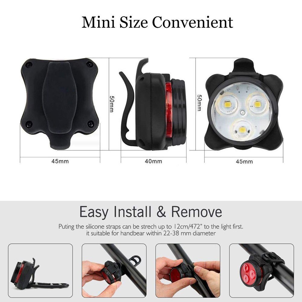 Bright Cycling Bicycle Bike 3 Led Head Front Light 4 Modes Usb Rechargeable Tail Clip Light Lamp Waterproof #20