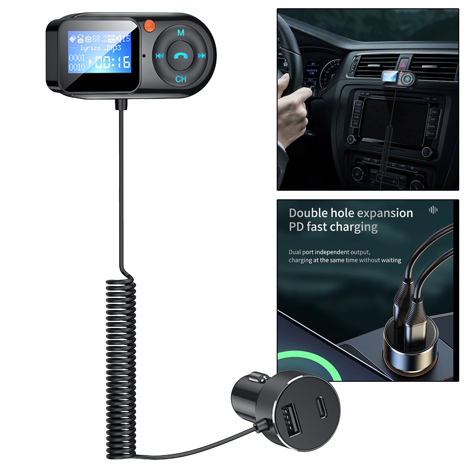T1 Bluetooth 5.0 Handsfree Car Fm-zender Audio Ontvanger Snelle Auto-oplader Ondersteuning Tf Card Muziekspeler Wilress
