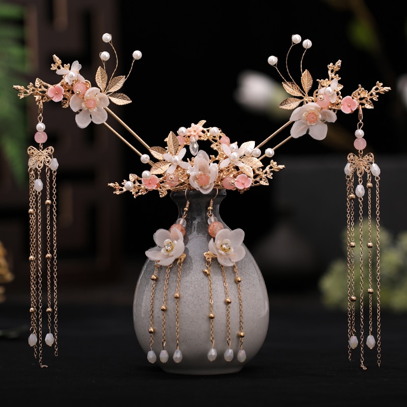 Chinese Long Hair Stick tiara Headpiece Women Hair Accessories Flower Crystal Pearl Hair Pins Handmade Hair Jewelry Accessories