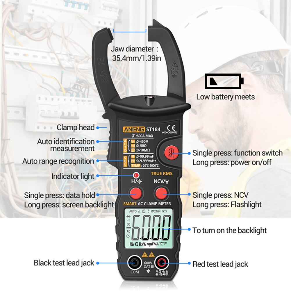 Aneng ST184 Digitale Multimeter Stroomtang True Rms 6000 Telt Professionele Meten Testers Ac/Dc Spanning Ac Ohm