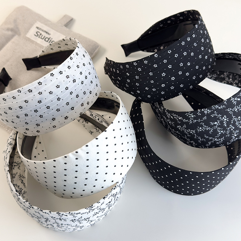 Diademas Retro de lunares blancos y negros con flores pequeñas, diademas con borde ancho, banda para el cabello con temperamento para mujer, aro para el cabello para , tocado de