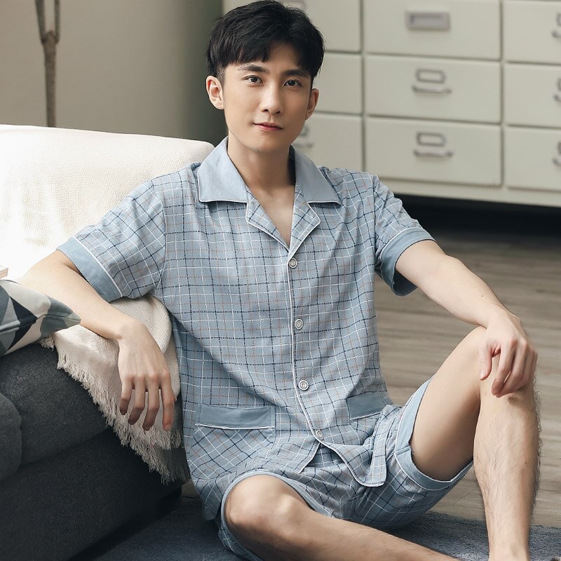 Sommer bomuld pyjamas herre plaid korte ærmer + bukser nattøj pyjamas hombre kort pyjamas nattøj hjemmetøj plus størrelse 5xl: Xl