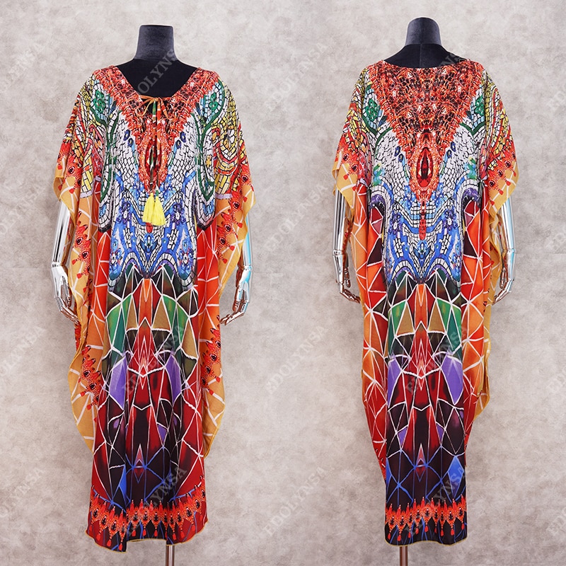 Marokkaanse Kaftan Bohemian Gedrukt Zomer Jurk Lange Katoenen Tuniek Vrouwen Plus Size Beach Wear Badpak Cover Up Robe de Plage