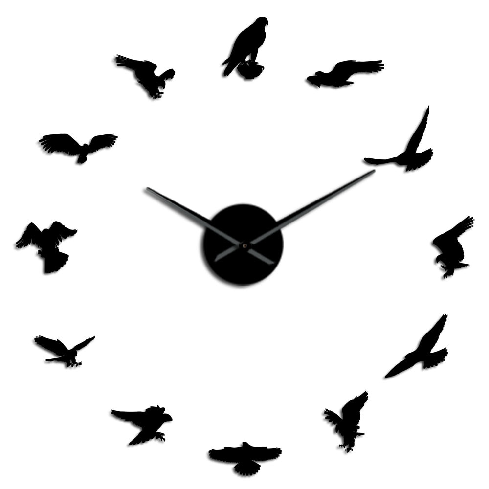 Peregrine Falcon Frameless Large Wall Clock Falconry Bird DIY Large Wall Art Mirror Stickers Home Decor for Birdwatchers: Black / 37 Inch