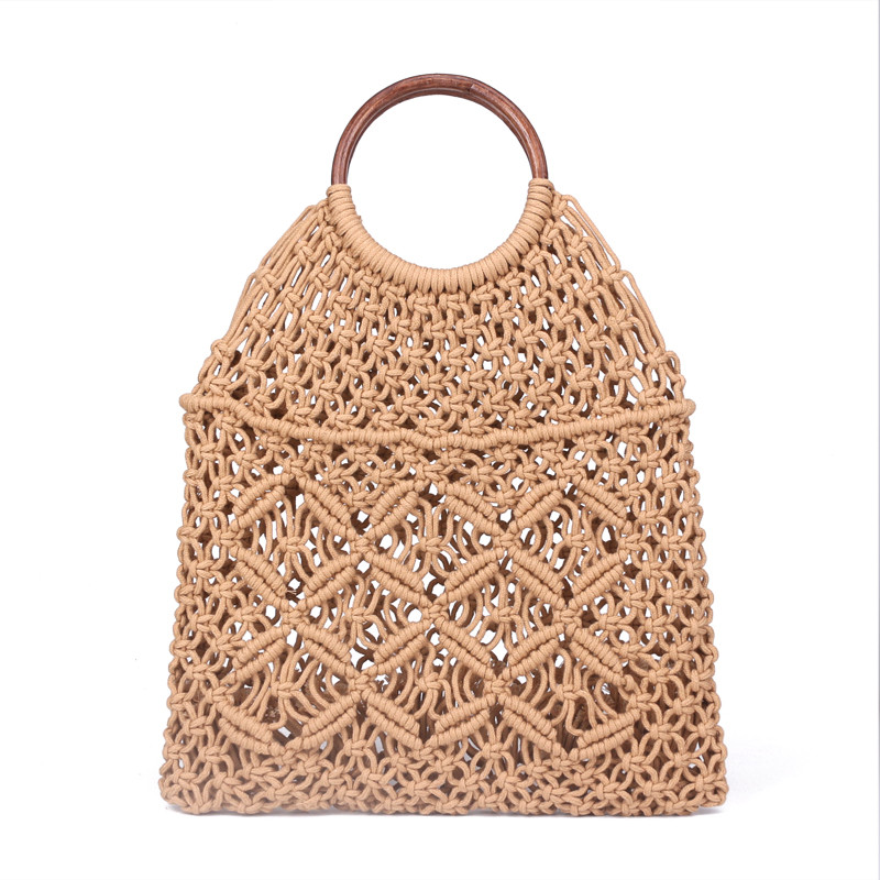 Popula Cotton Rope Hollow Straw Bag Sheer Macrame Tote wooden ring rattan handle Net Bag Vintage Retro Chic handbag