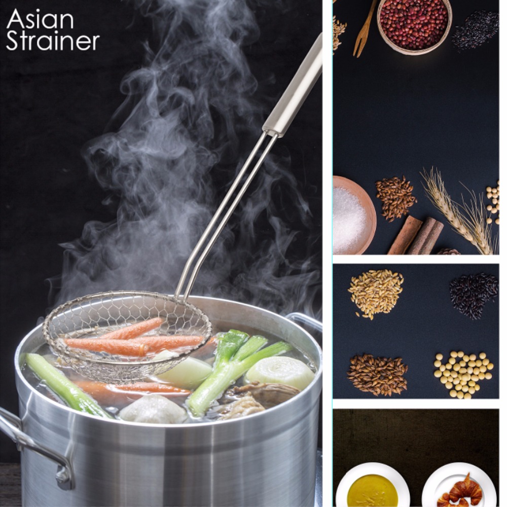 Asian Kitchen Stainless Steel Spider Strainer Wire Skimmer with Spiral Mesh Net Colanders Mesh Ladle for Kitchen Tools