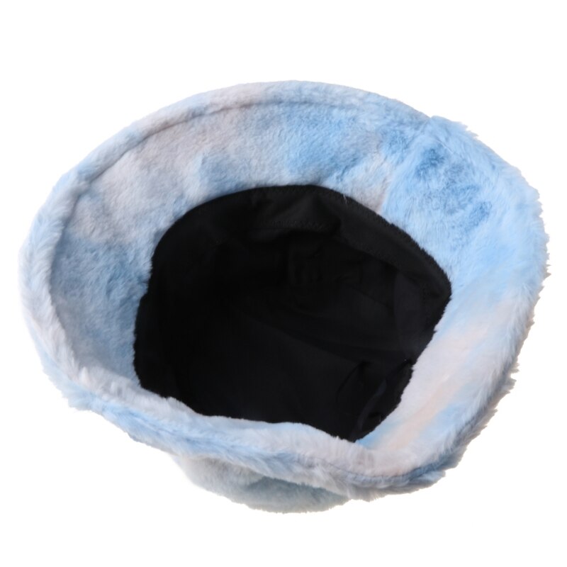 Women Winter Rainbow Colorful Tie Dye Bucket Hat Fluffy Fuzzy Plush Short Brim Sunscreen Thick Warm Panama Fisherman Cap