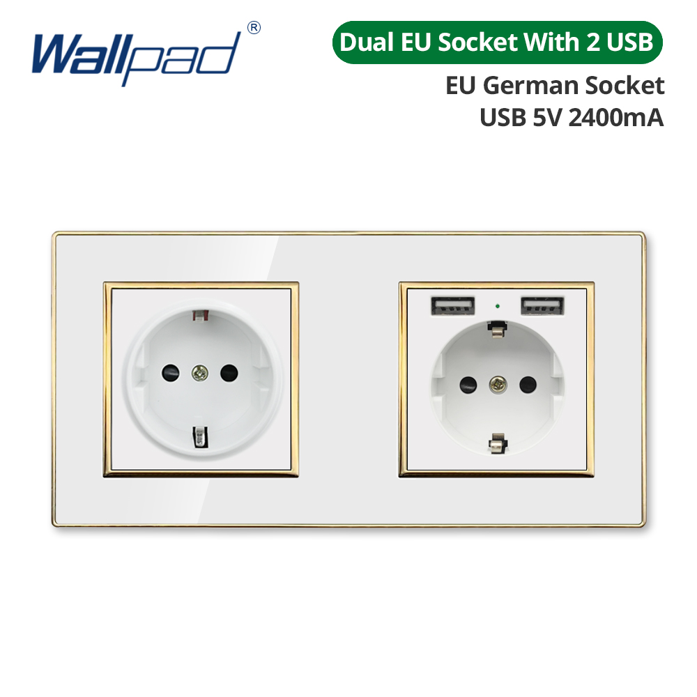 Wallpad White Acrylic Panel Gold Border Wall Light Switch LED Dimmer USB Charge EU Socket Outlet 4 5 6 7 8 Gang 2 Way Reset: army green
