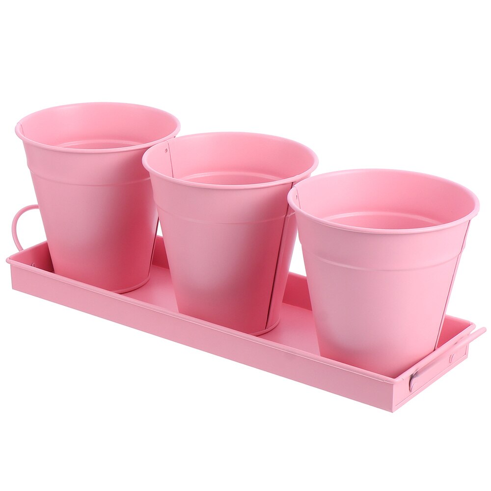 3pc Flower Iron Bucket Planter Pot with Tray Retro Flower Buckets Succulents Pot: Pink