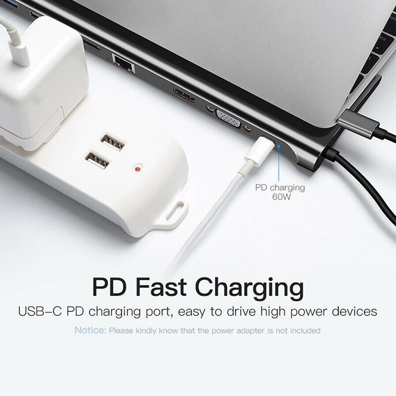 10 in 1 USB di Tipo C centro Adattatore Del computer Portatile attracco stazione HDMI VGA RJ45 PD Compatibile per HP/ Lenovo/Superficie Grigio
