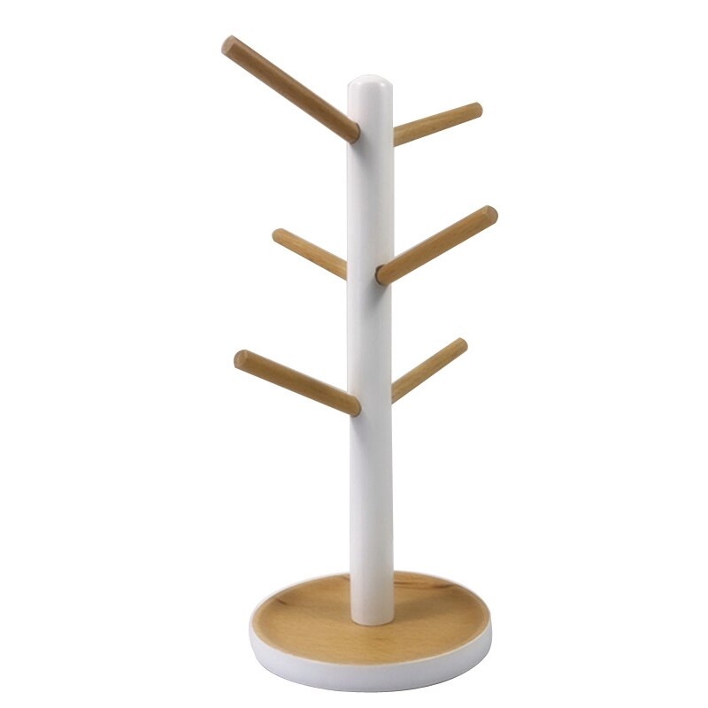 Estante de exhibición colgante de madera para tazas estantería para vasos con 6 ganchos en forma del árbol soporte de madera para taza para té y café: White
