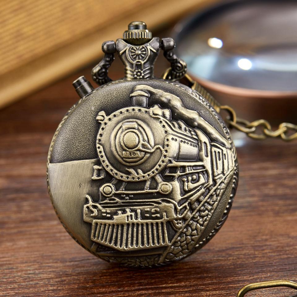 Vintage led urtavla kvarts fickur snidad ångtåg steampunk järnvägsgravyr retro kedja halsband hängande klocka