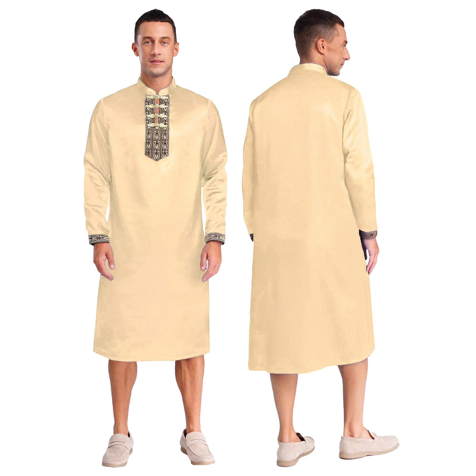 Túnica india para hombre, ropa de oración, disfraz de Cosplay tradicional, satén bordado, botones de nudo Kurta, bata musulmana con abertura lateral: S / Beige