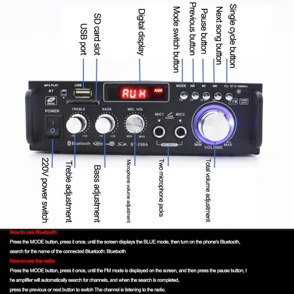 12V/220V BT-298A 2CH LCD Display 300W+300W EU Plug HIFI Audio Stereo Power Amplifier Bluetooth-compatible FM Radio with Remote