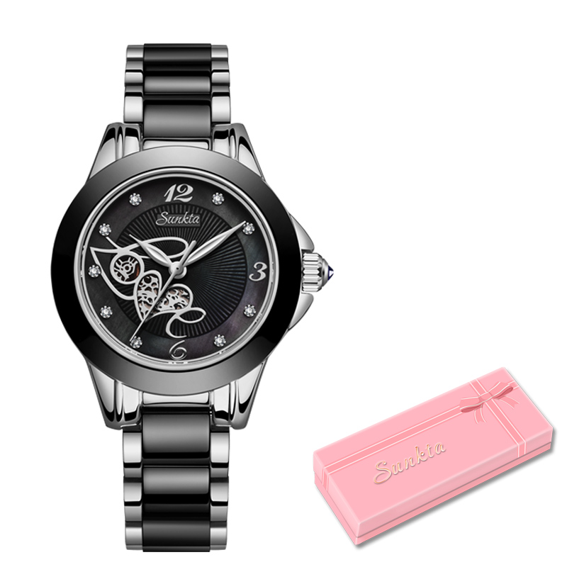SUNKTA Luxe Vrouwen Horloges Zwarte Keramische Diamant Dameshorloge Waterdicht Quartz Horloge Relogios Femininos Klok: WHITE