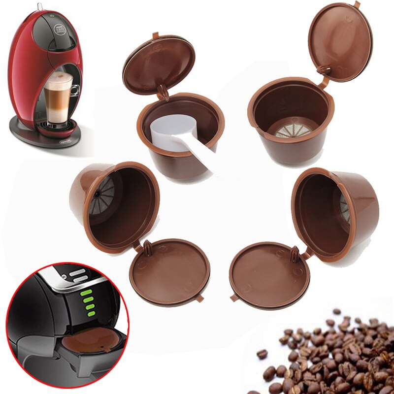 Arshen 4 stks Dolce Gusto Plsatic Hervulbare Koffie Capsule met Lepel Borstel 200 Keer Herbruikbare Compatibel Nescafe Dolce Gusto