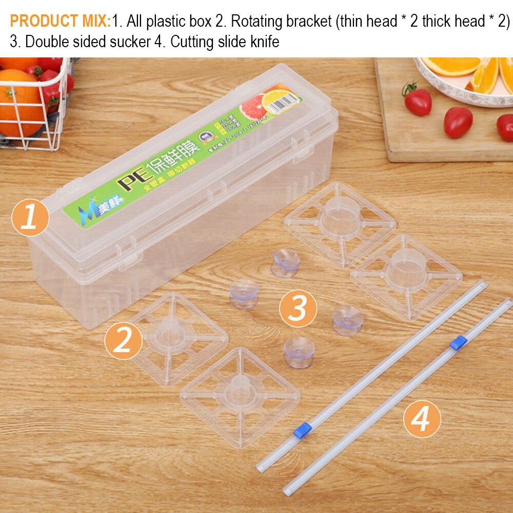 Plastic Food Wrap Dispenser With Slide Cutter Adjustable Cling Film Cutter Preservation Foil Storage Box With Suction Bottom