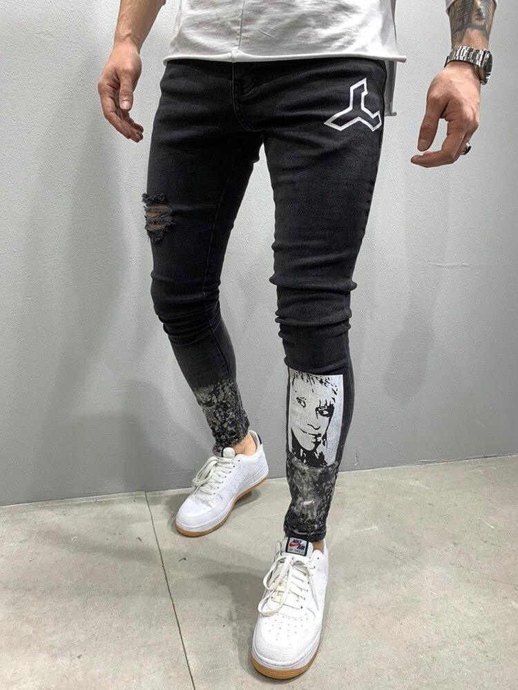 Slim Jeans Men Ripped Printing Head Stretch Denim Pants Elastic Waist Big Size European Hip-Hop Casual Men Jeans S-4XL