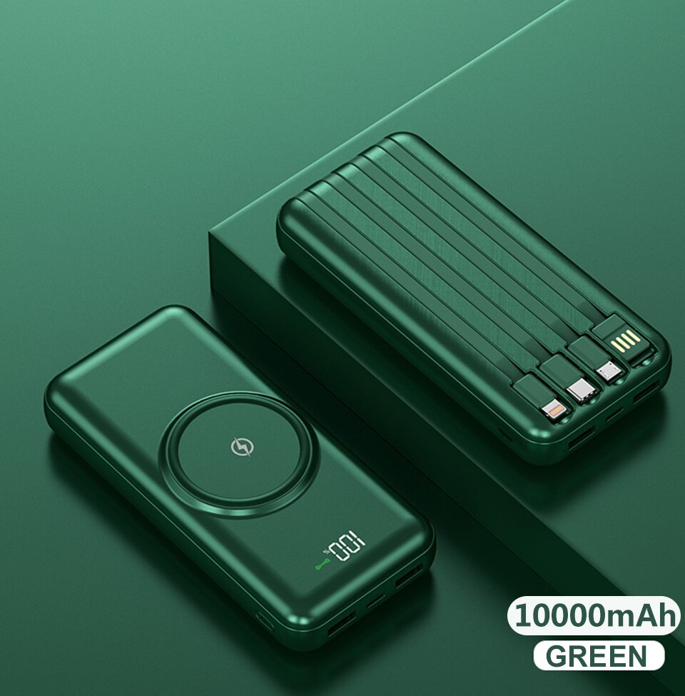 Caseier 20000 mah powerbank trådløs oplader til iphone 12 mini pro max 10000 mah powerbank indbygget kabel til samsung poverbank: 10000 mah grøn