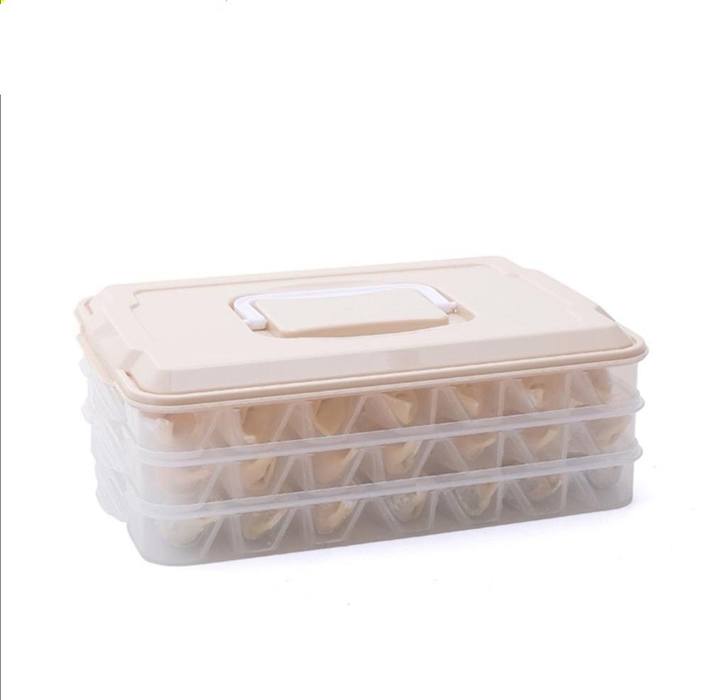 Multi-layer Dumplings Container Plastic Voedsel Doos Thuis Keuken Verse Luchtdichte Doos Koelkast Organizer: 3 tiers beige