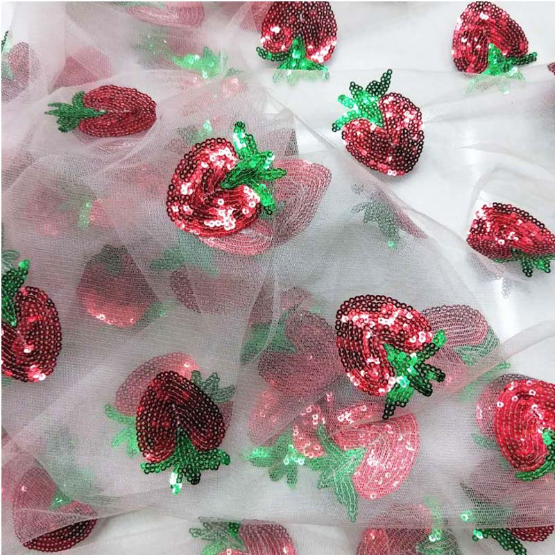 Soft Translucent Sequins Strawberry Embroidery Mesh Fabric for Wedding Party Dress Tulle Stage Garment Diy Sewing Lace Fabric