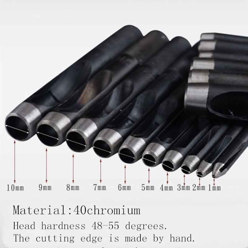 1-10MM Round Hollow Punch Set Leather Craft Punch Tool Hollow Hole Punch Cutter Tool for Watch Bands Belts Canvas Paper Plastics