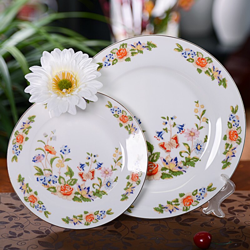 China Bone Dinner Plate Flower Food Dishes and Plates Luxury Gold Inlay Plates Set Bread Steak Dinner Set Porcelain Tableware