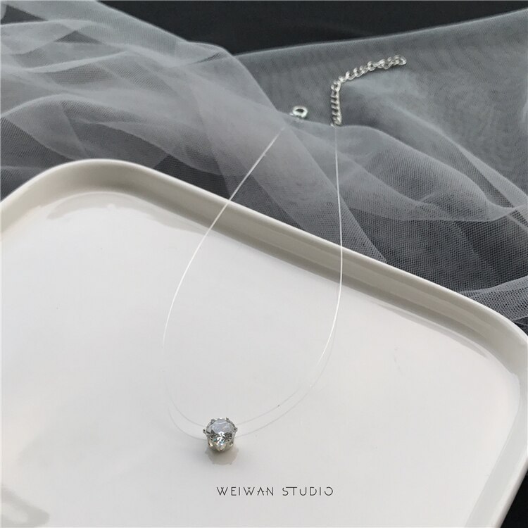 Square Imitation Pearl Crystal Zircon Power Necklaces Invisible Transparent Fishing Line Necklace Women
