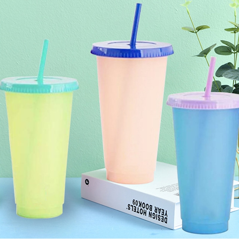 Reusable Plastic Temperature Color Changing Cold Cup Summer Magic Coffee Thermochromic Mug Water Bottles With Straws Party Cups