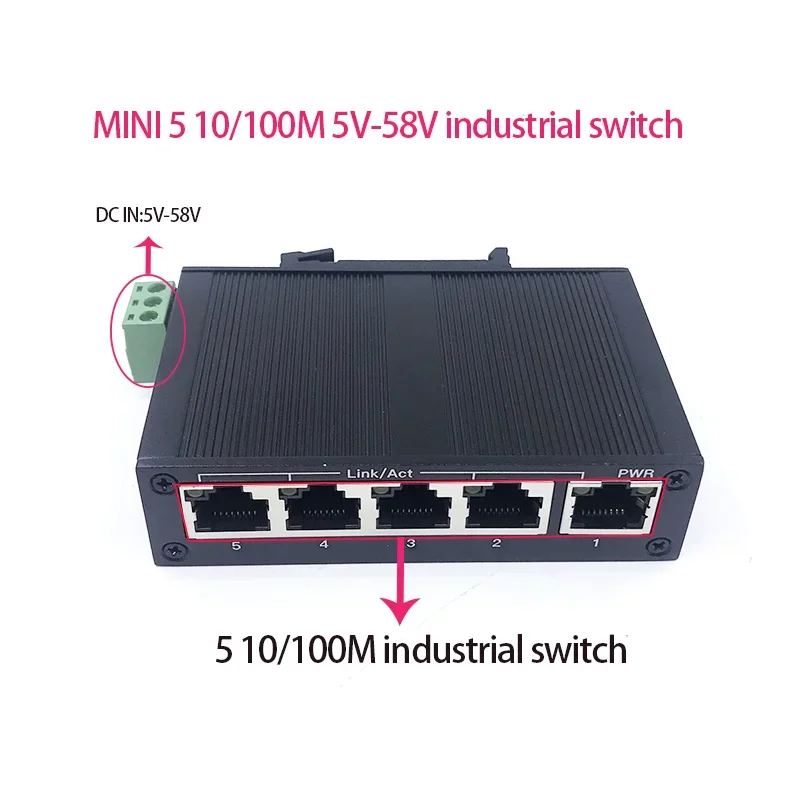 Mini interruptor ethernet industrial não gerenciado, 5/10 portas 10/100m 5v-58v 5/10 portas 100m, proteção contra raios 4kv, antiestático 4kv