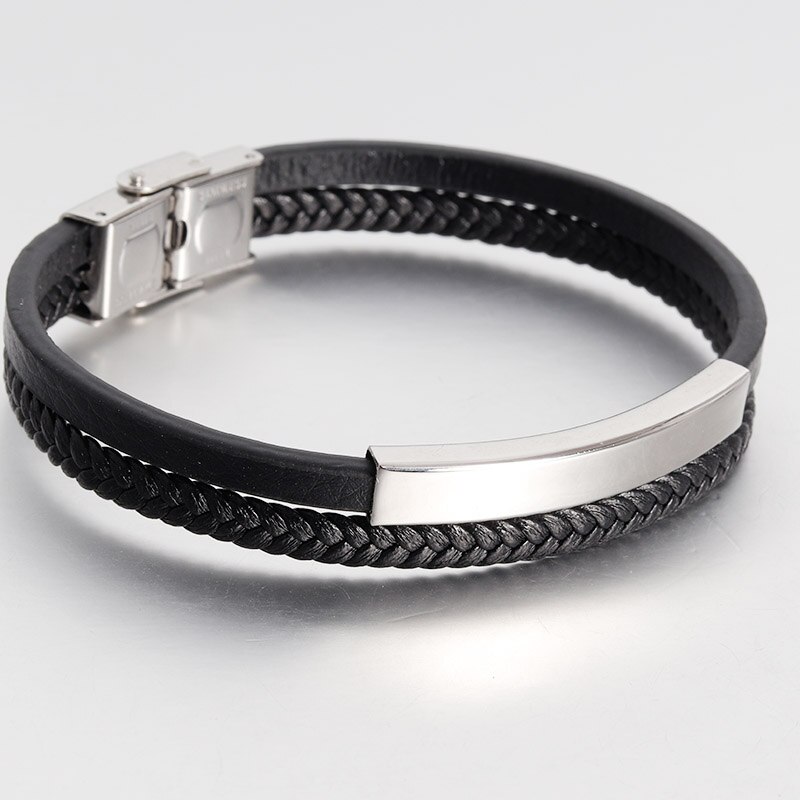 Lederen Armband voor Mannen 316L Rvs Stijl Veiligheid Sluiting Polsband Vintage Mode-sieraden: black