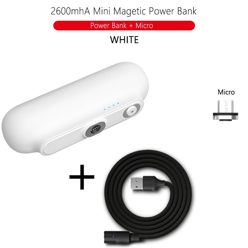 Mini bateria portátil tipo-c, bateria de carregamento magnético para iphone, samsung, huawei, micro usb, carregador 2600mah powerbank de cápsula,: Micro White