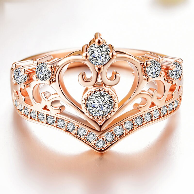 HIYONG Rose Gold Crown Romentic Trouwringen voor Vrouwen Koper Crown Cut AAA Zirkoon Ring Engagement Bruiloft Sieraden