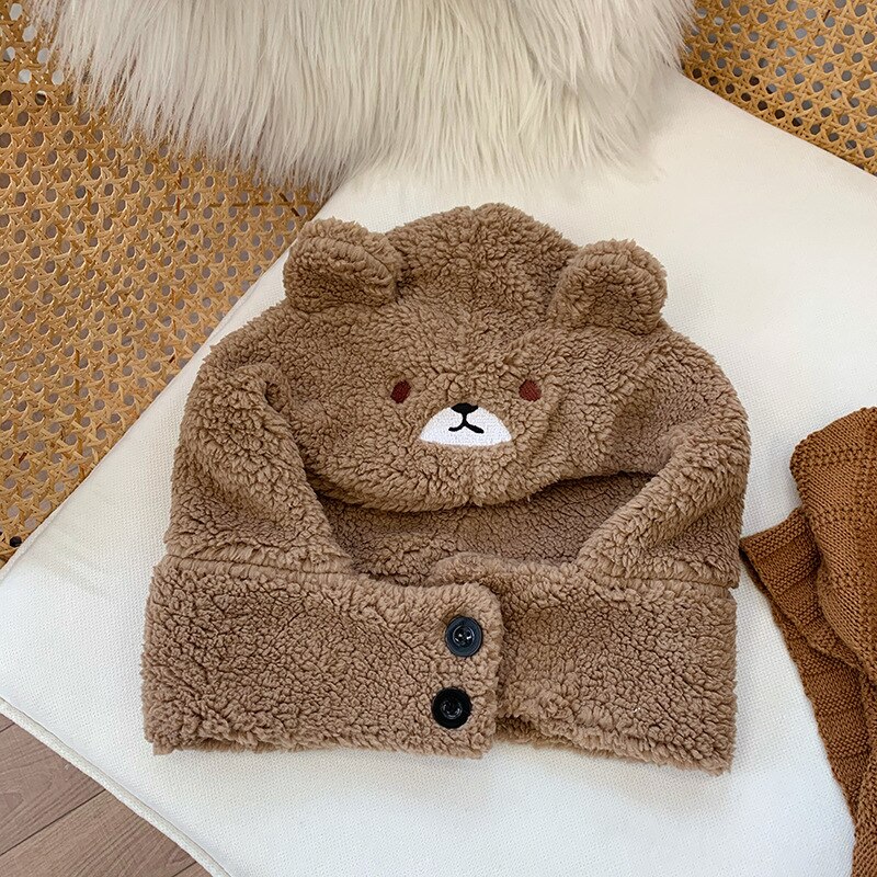 Leuke Cartoon Beer Lam Pluche Warm Solid Panda Caps Sjaal Set Masker Winter Koude Verdikte Bescherming Oor Hoed Voor Vrouwen meisje: Bear