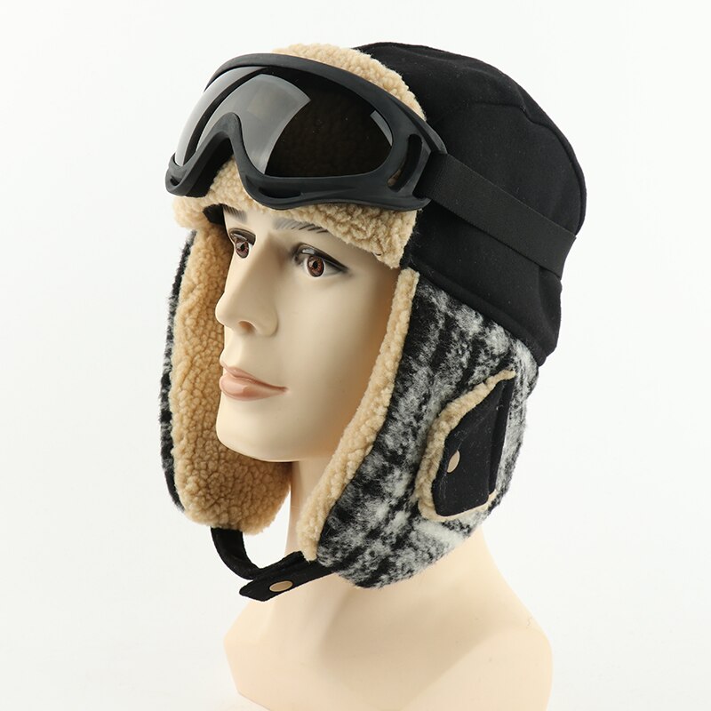 Camoland plaid bomber hat til mænd kvinder øreklap russisk ushanka kasket med beskyttelsesbriller termisk imiteret berber fleece trapper pilot hat