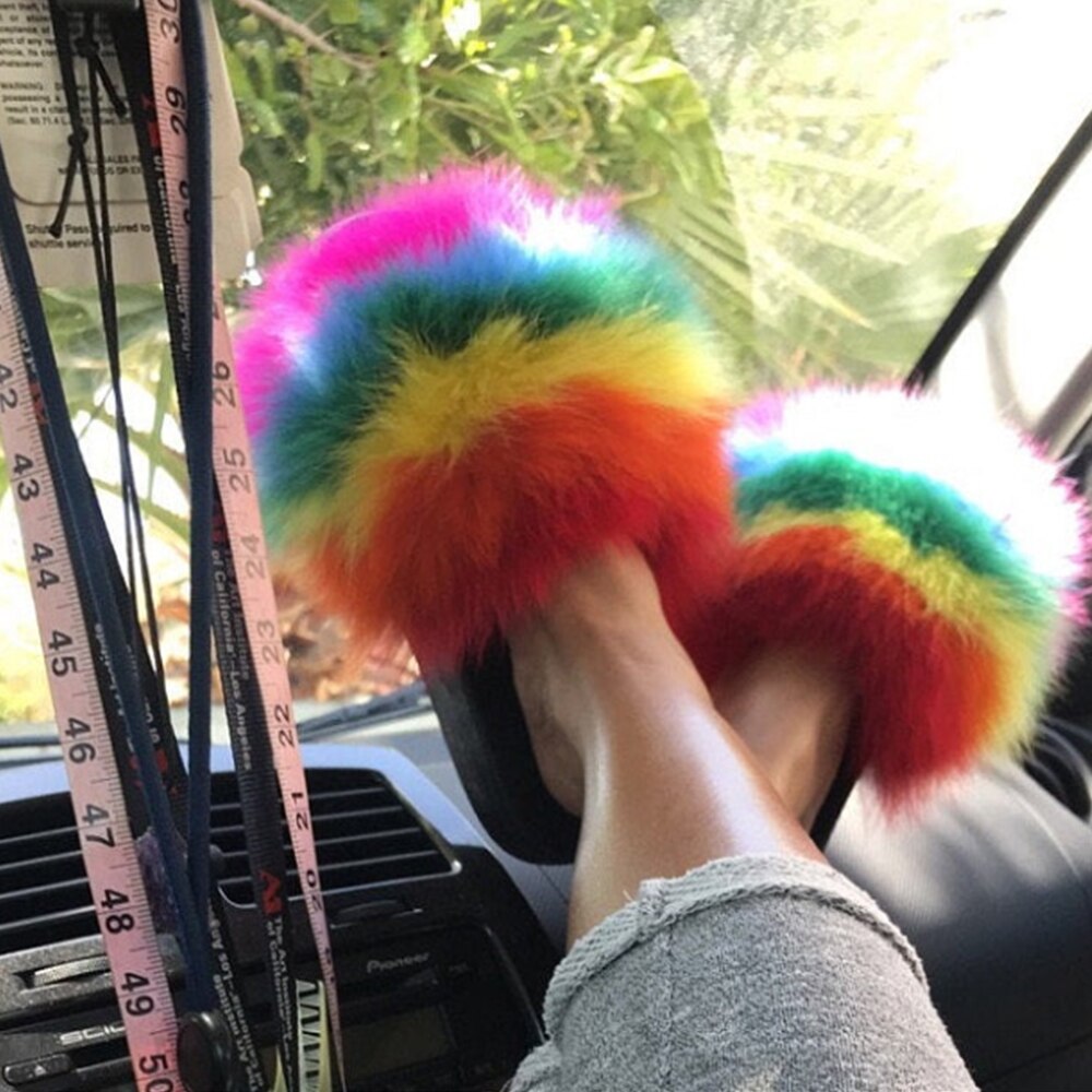 Imitatie Vossenbont Slippers Faux Furry Fluffy Slippers Vrouwen Slides Sandalen Indoor Schoenen Voor Vrouwelijke Slip Op Slippers d30