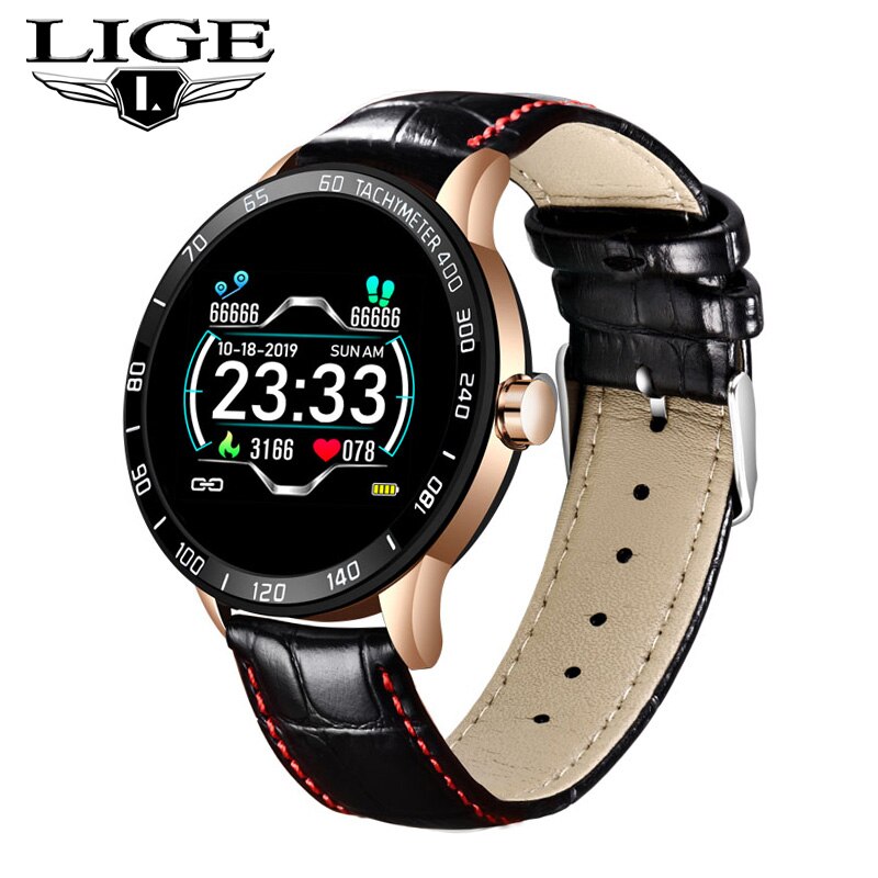 LIGE nouvelle montre intelligente hommes fréquence cardiaque pression artérielle Fitness Tracker Sport montre IP67 étanche Smartwatch podomètre + boîte: Gold