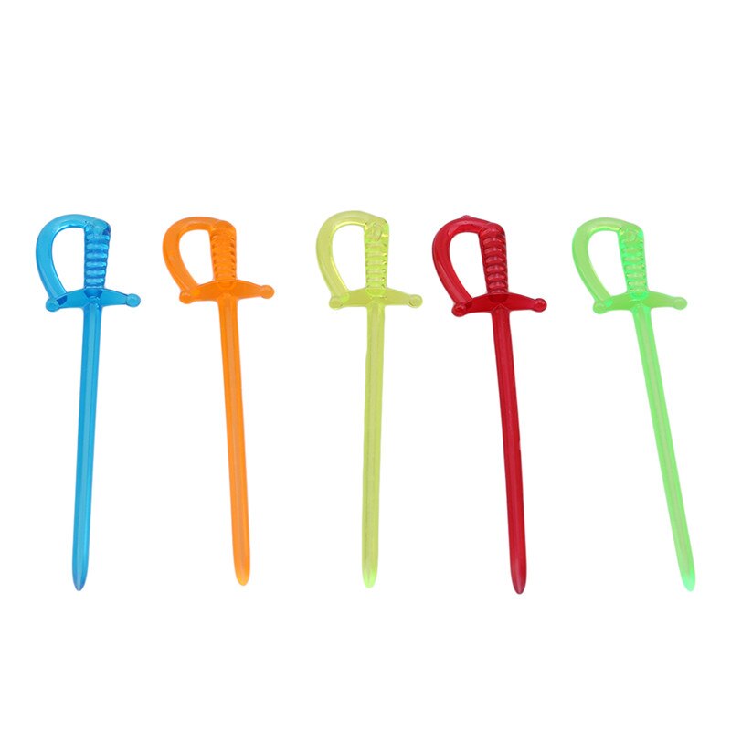 100Pcs Mix Kleur Zwaard Vormige Plastic Cocktail Buffet Fruit Vork Cartoon Cake Dessert Fruit Pick Tandenstoker Party Decor