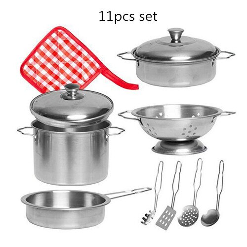 40Pcs Stainless Steel Kids House Kitchen Toy Cooking Cookware Children Pretend & Play Kitchen Playset for Children- Silver: 11pcs No box