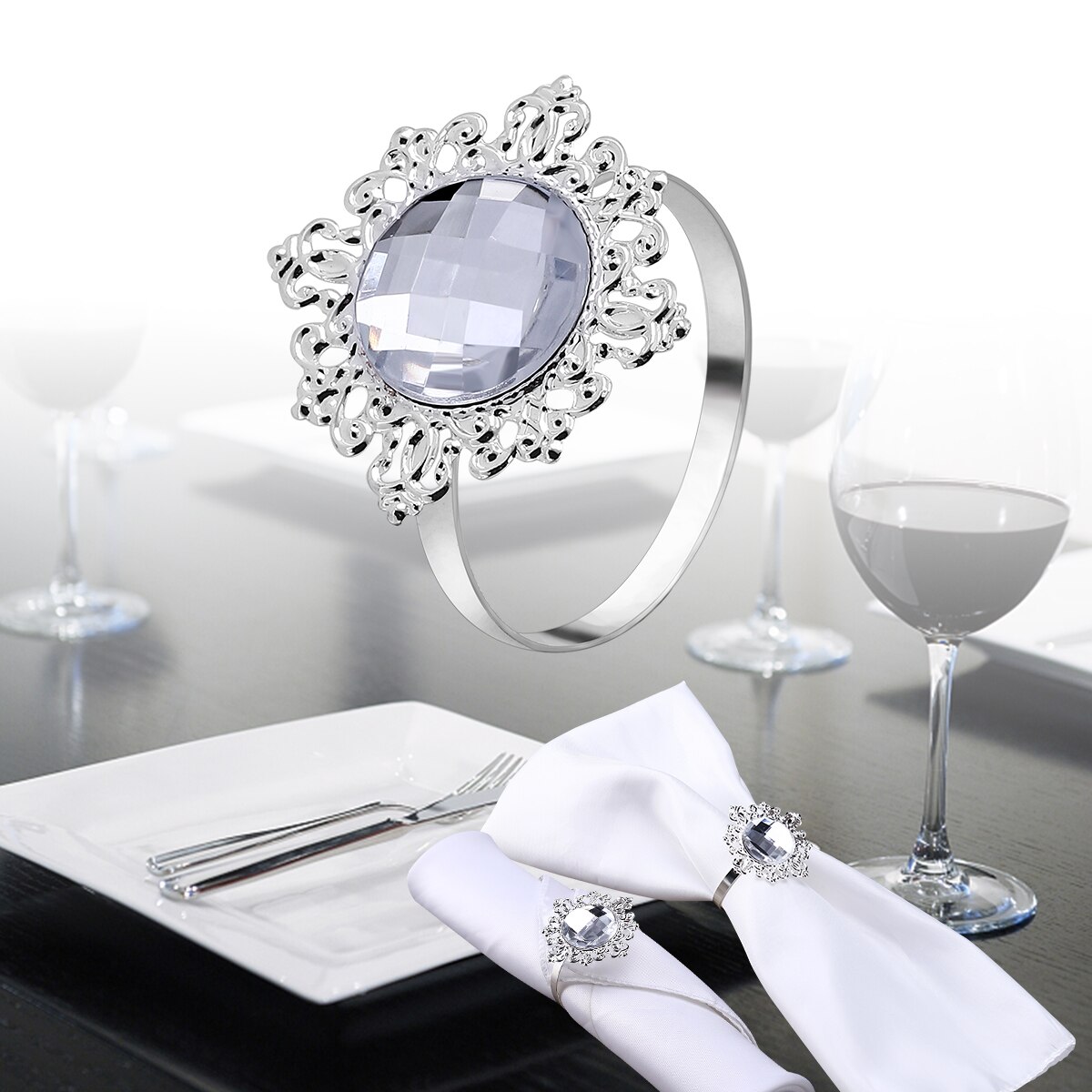 12 Portatovaglioli Decorativi Matrimonio Con Diamanti Acrilici - Colore Argento