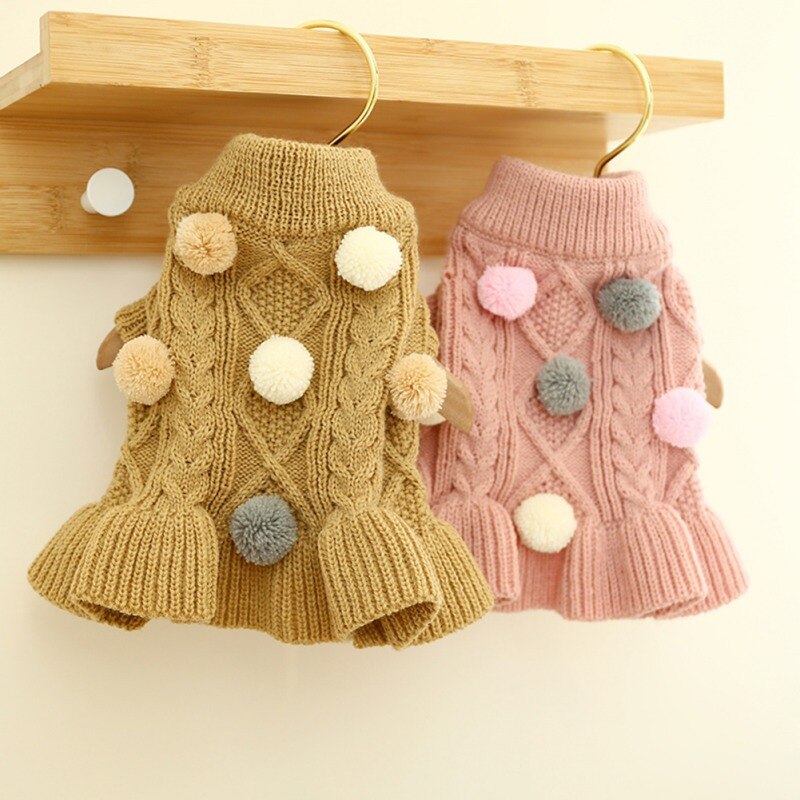 Ropa cálida para perro, suéter para mascotas, vestido de cuello alto, suéteres para cachorros, Falda de punto con pompón, ropa de invierno para mascotas pequeñas