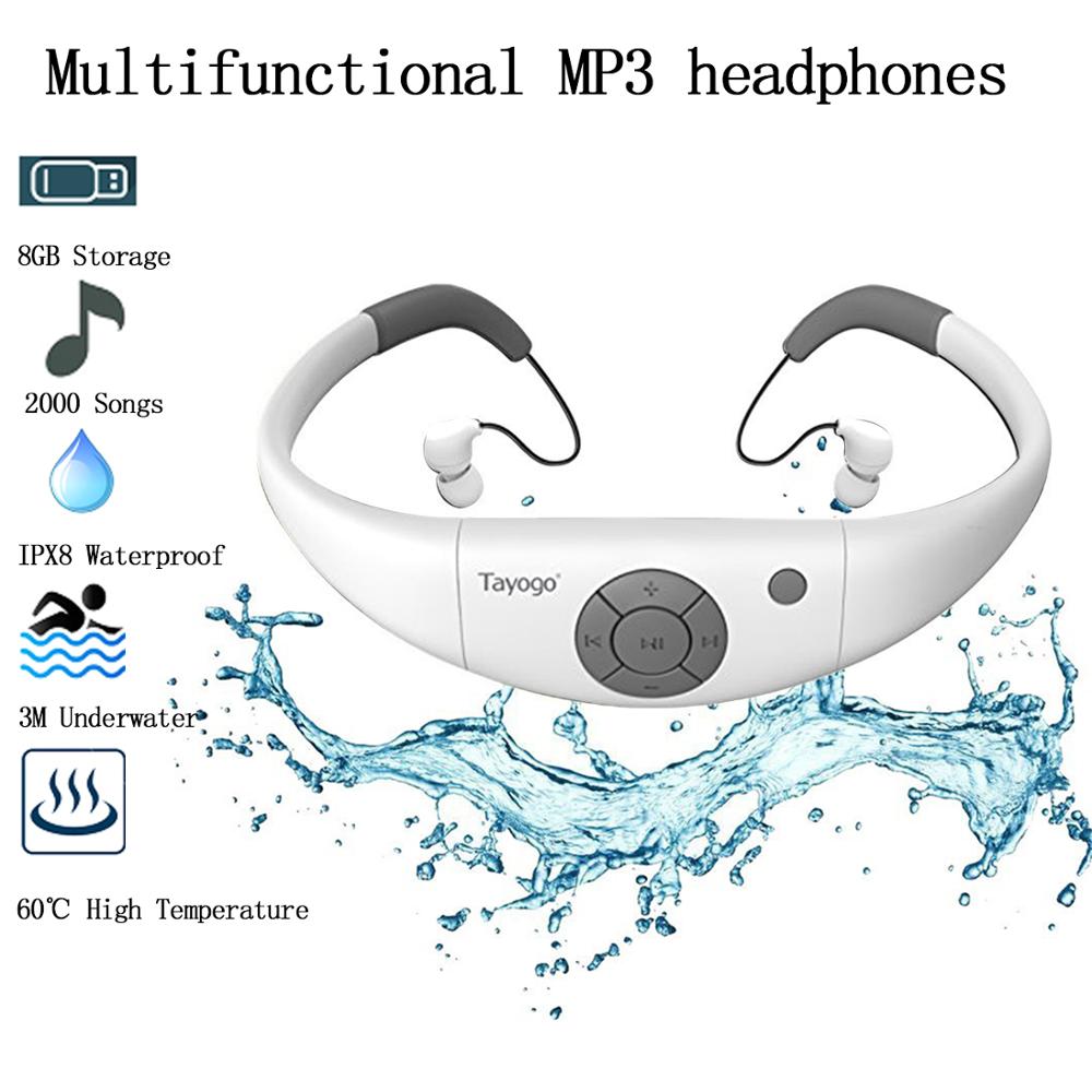 Tayogo 8G IPX8 Waterproof MP3 Newest Swimming Diving Music Player Built-in Player Neckband Stereo Sport Earhook Audio Headset: white