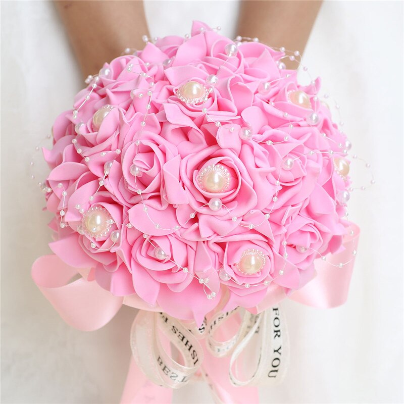 Fleur Rose PE Bouquet demoiselle d'honneur tenant des fleurs mariée ruban De soie Bouquets De Mariage mousse Rose avec perle fête De Mariage W205