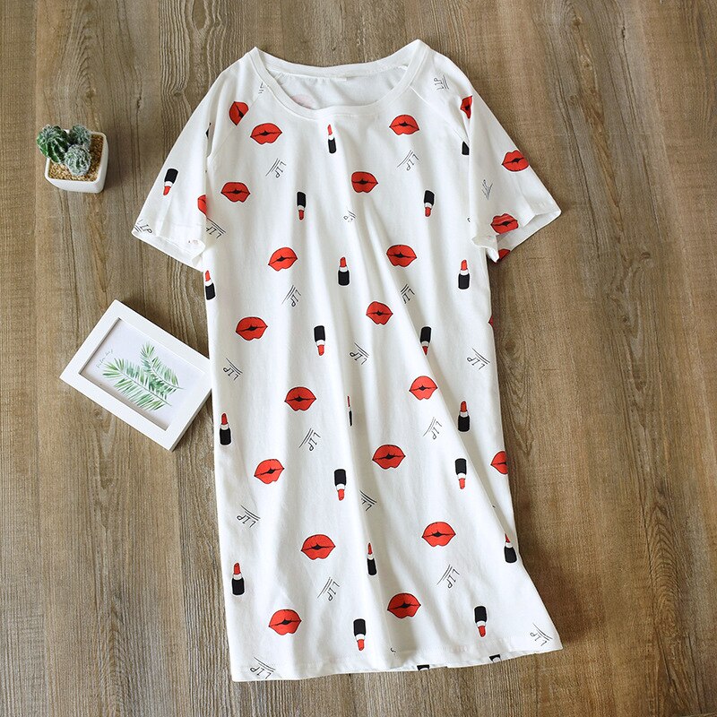 July's Lied Katoen Comfort Nachtkleding Crew Hals Sleepdress Voor Vrouwen Korte Mouw Polka Dot Cartoon Gedrukt Nachtkleding Homewear