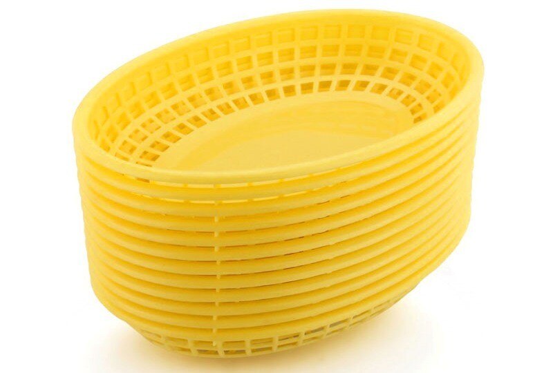 12 Uds. Cesta de comida rápida de plástico ovalada de 9,25 ", docena de bandejas de comida negras y rojas para servir patatas fritas, platos de cena, bandeja de pan para restaurante o Bar: Yellow